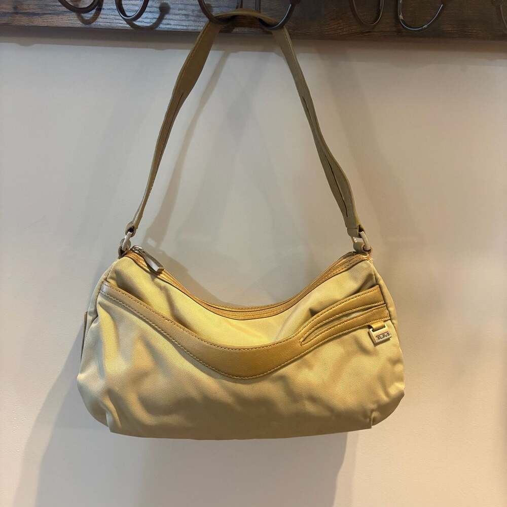 Tumi Beige Nylon Leather Trim Shoulder Bag Small Hobo Purse